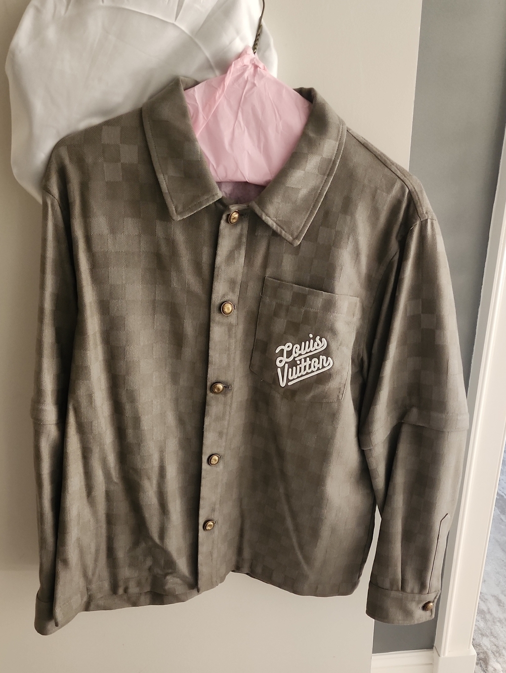 Louis Vuitton Men's Taupe Checker-Embossed Shirt Jacket